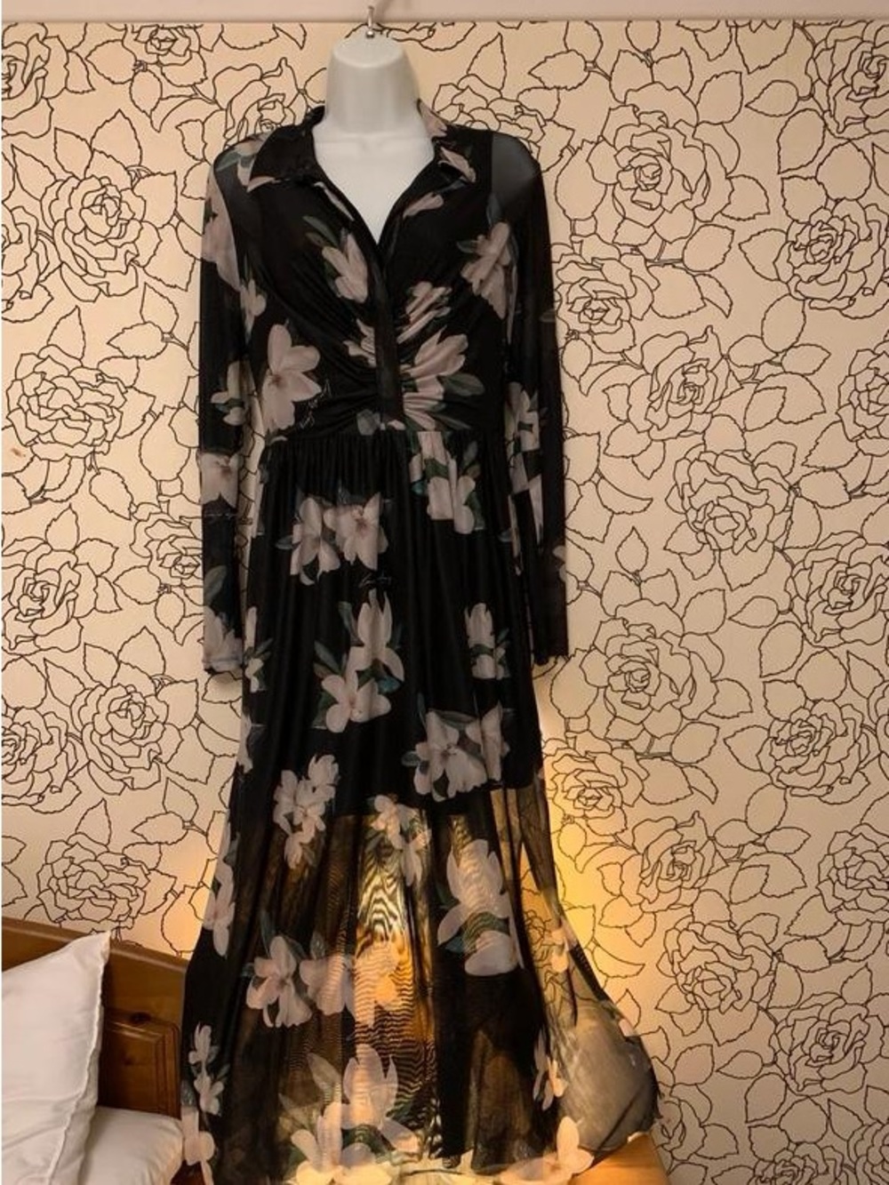 Sheer Black Floral Maxi Dress with Button-Front Bodice